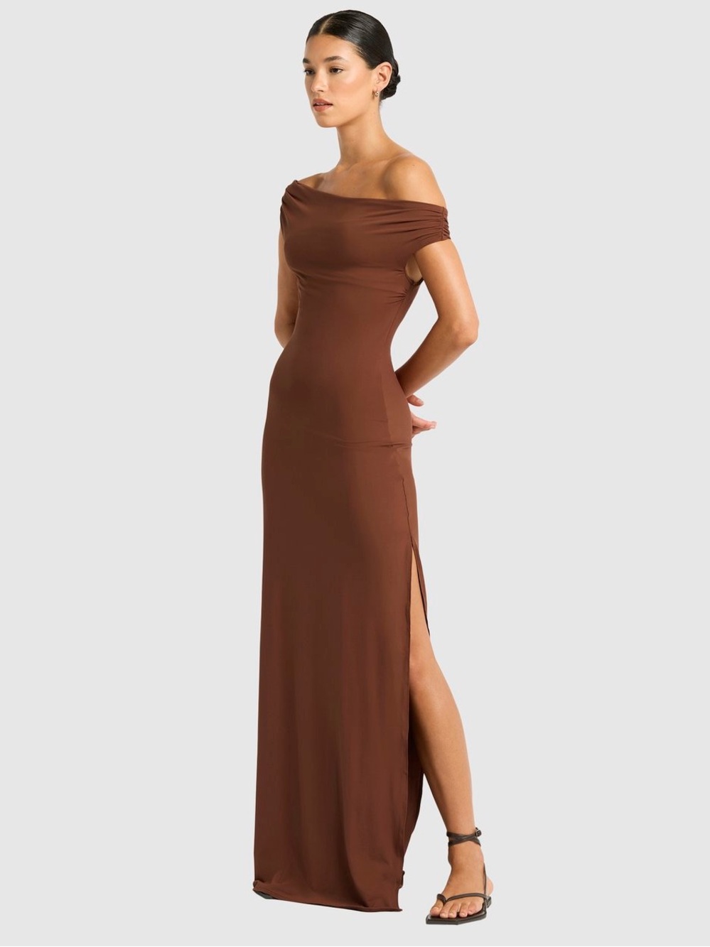 Bond-eye Nixi Maxi dress Asymmetric Off Shoulder Arabica Brown
